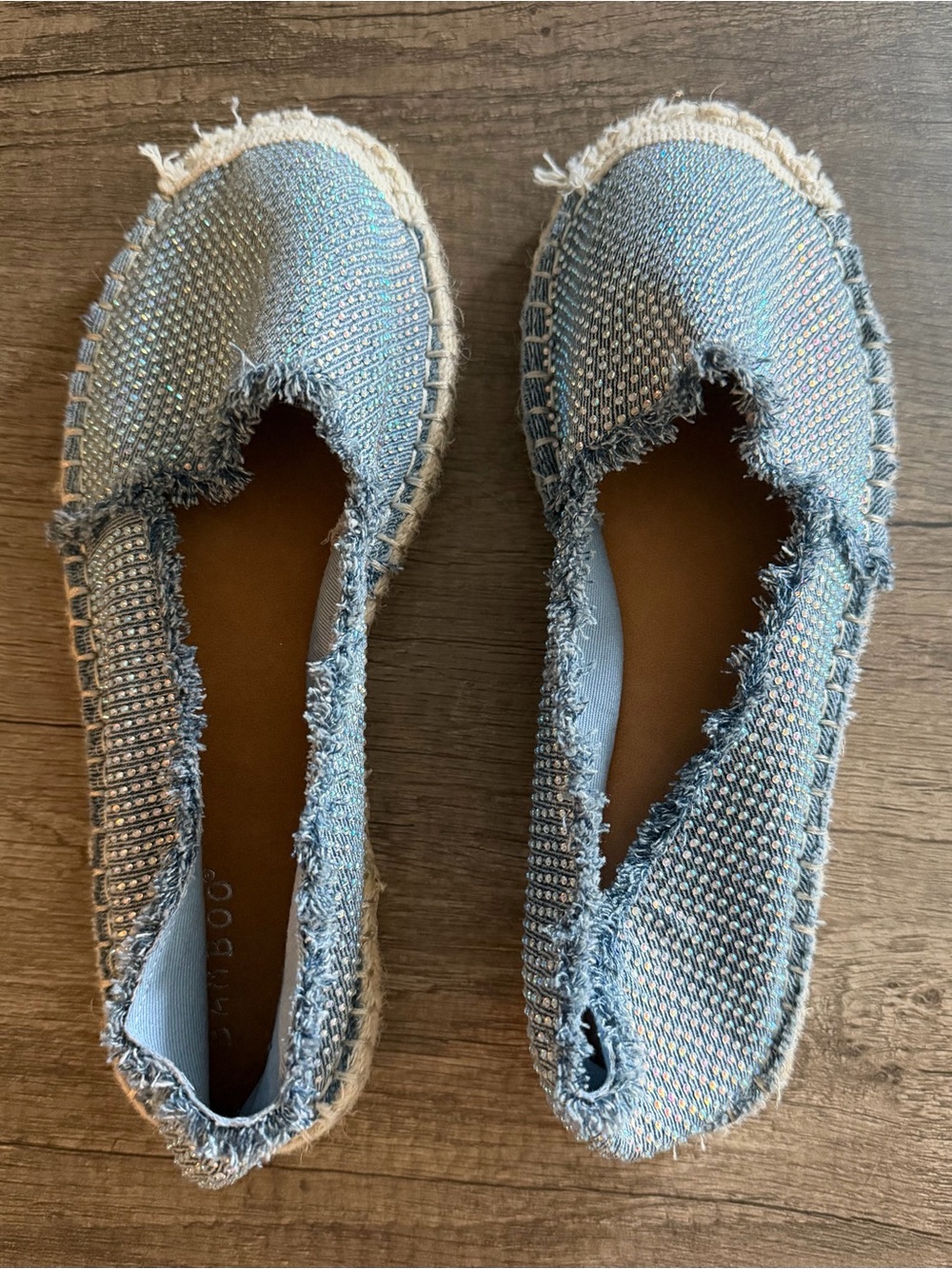 BAMBOO Light Blue Sparkle Frayed Espadrille Slip-Ons